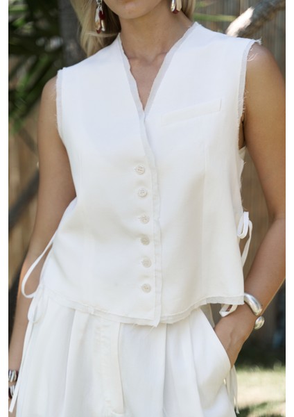 Shonas Bağcık Detay Ekru Yelek Pantolon Takım