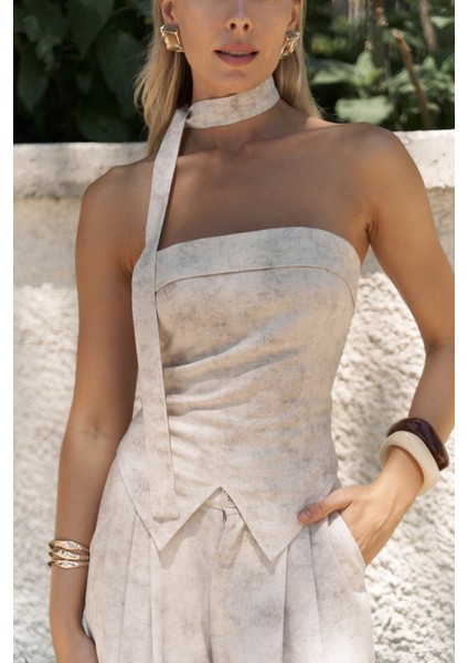 Bhioctoria Bej Straplez Crop Pantolon Takım