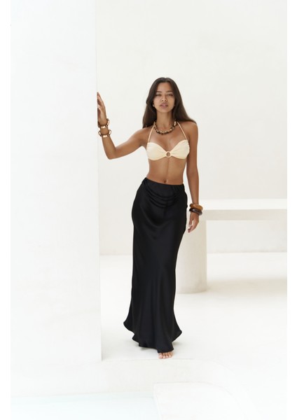 Muirnas Askı Detay Siyah Uzun Saten Etek