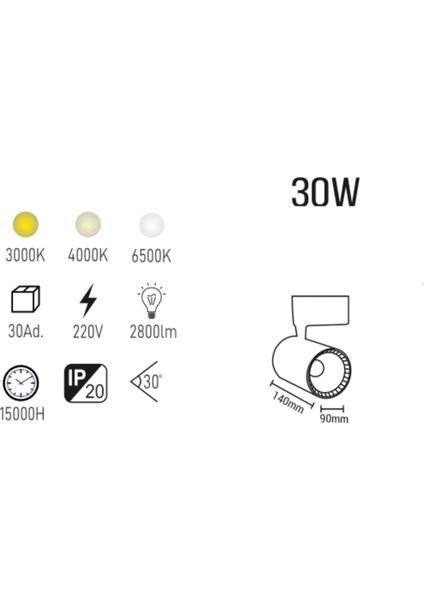30W Siyah Kasa LED Ray Spot - Ilık Beyaz LED Aydınlatma fiyatları