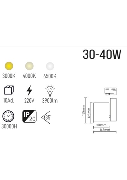 30-40W Siyah Kasa LED Ray Spot+ 1 Metre Ray | Gün Işığı LED Aydınlatma| Samsung Çip fiyatları