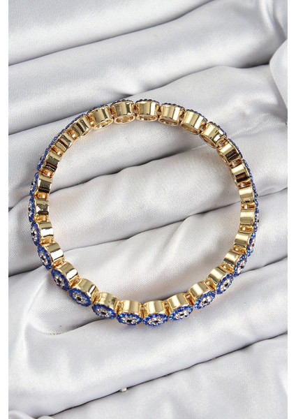 Pirinç Zirkon Taşlı Lacivert Nazar Model Gold Renk Lastikli Kadın Bileklik - TJ-BB7495 fiyatları