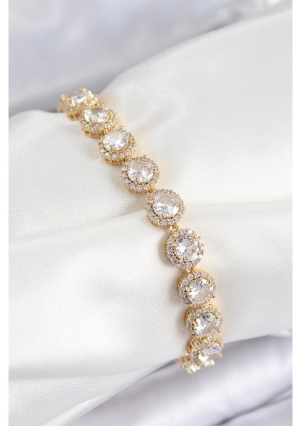 Pirinç Zirkon Taşlı Daire Baget Model Gold Renk Vıp Seri Kadın Bileklik - TJ-BB7514