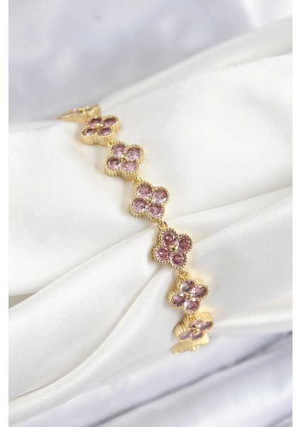 Pirinç Pembe Zirkon Taşlı Yonca Model Gold Renk Vıp Seri Kadın Bileklik - TJ-BB7515