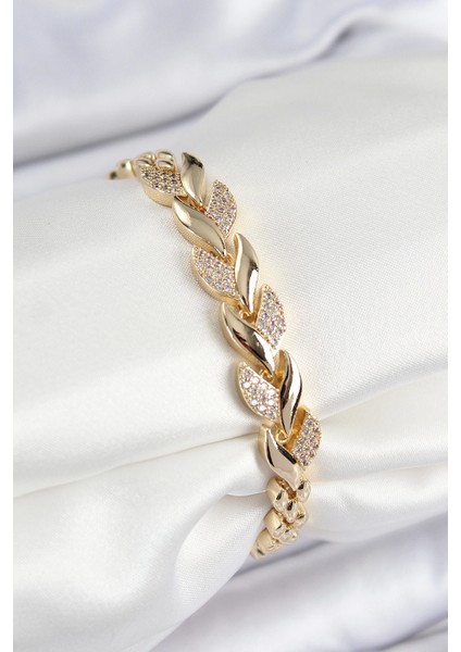 Pirinç Zirkon Taşlı Balık Kuyruğu Model Gold Renk Kadın Bileklik - TJ-BB7529