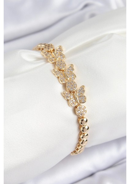 Pirinç Zirkon Taşlı Kelebek Model Gold Renk Kadın Bileklik - TJ-BB7541