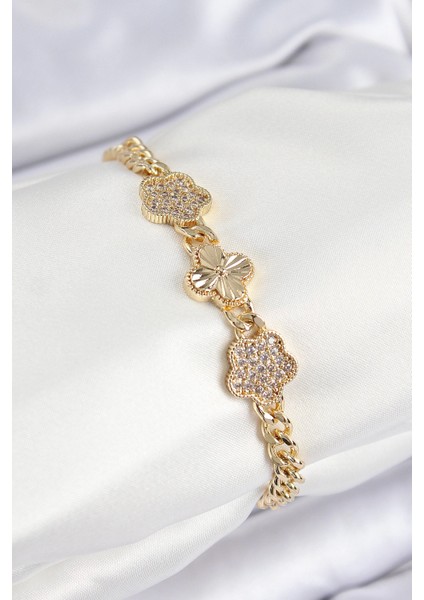 Pirinç Zirkon Taşlı Yonca Model Gold Renk Kadın Bileklik - TJ-BB7547