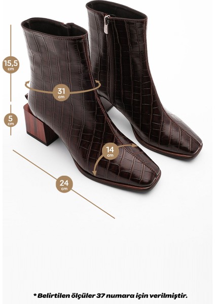 Kadın Topuklu Bot&Bootie Küt Burun Ahşap Desen Ökçe Fermuarlı Günlük Klasik Bot Sayen Kahve Croco
