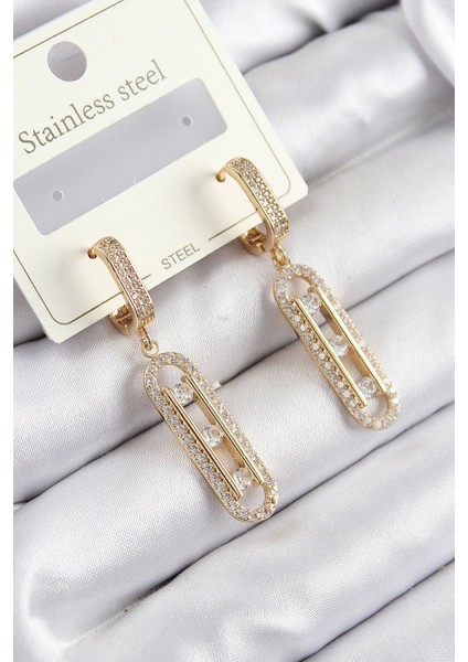 316L Çelik Zirkon Taşlı Sallantılı Messika Model Gold Renk Kadın Küpe - TJ-BKP10920