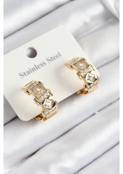 316L Çelik Zirkon Taşlı Halka Model Gold Renk Kadın Küpe - TJ-BKP10930