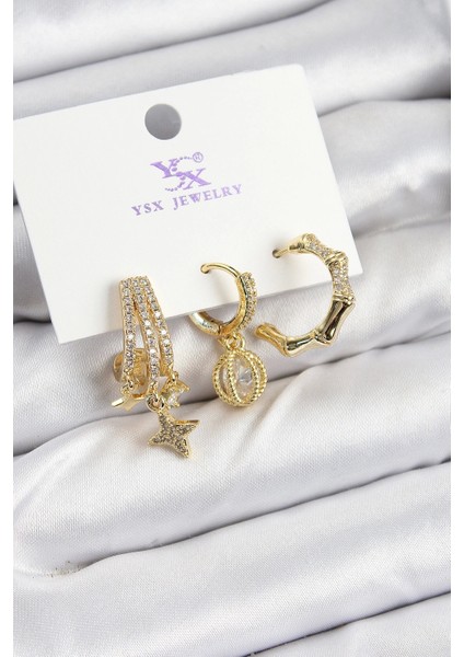 Pirinç Zirkon Taşlı Sallantılı Yıldız Model Gold Renk 3'lü Kadın Küpe - TJ-BKP10938