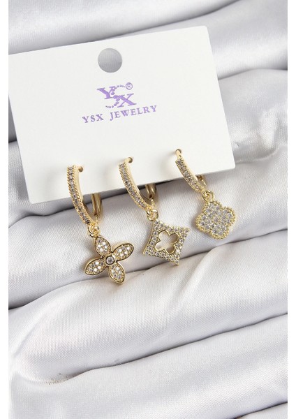 Pirinç Zirkon Taşlı Yonca Model Gold Renk 3'lü Kadın Küpe - TJ-BKP10949