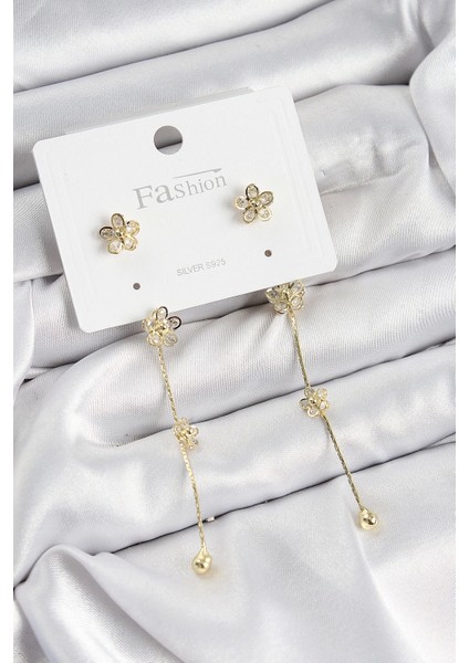 Pirinç Zirkon Taşlı Sallantılı Çiçek Model Gold Renk 925 Ayar Gümüş Çivi Kadın Küpe - TJ-BKP10968