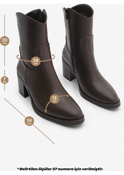 Kadın Fermuarlı Sivri Burun Kalın Topuklu Bot Tasim Kahve