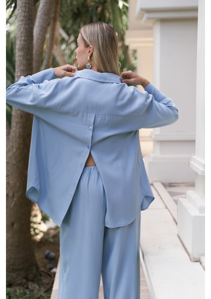 Nunzia Arka Detaylı Mavi Oversize Gömlek Pantolon Takım