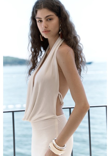 Fahmin Degaje Yaka Ekru Uzun Elbise