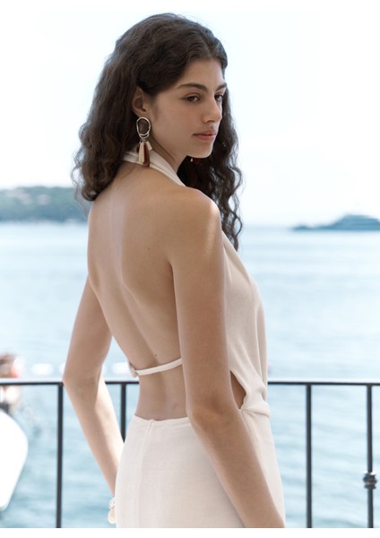 Fahmin Degaje Yaka Ekru Uzun Elbise