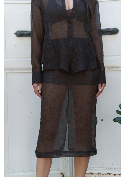 Sorcha Kahve Transparan Gömlek Etek Takım