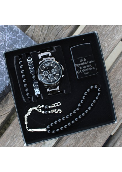 Siyah Renk Çelik Kordon Saat Bileklik Tesbih Çakmak Seti fiyatları