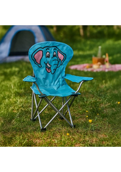 Katlanır Fil Desenli Çocuk Kamp Sandalyesi - Mavi