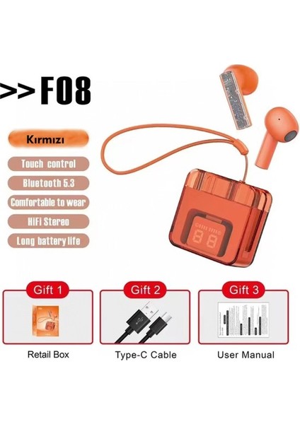 Karler Bass F08 Dijital Şarj Göstergeli Tws Bluetooth Kulaklık - Kırmızı 11 (Yurt Dışından)