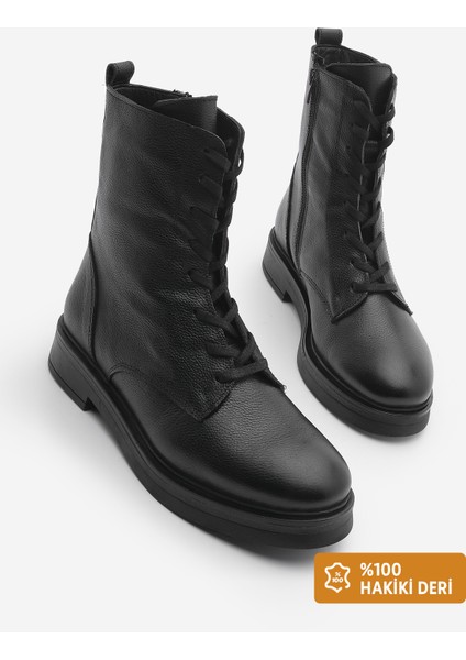 Kadın Hakiki Deri Postal Bot Bağcıklı Fermuarlı Kafle Siyah
