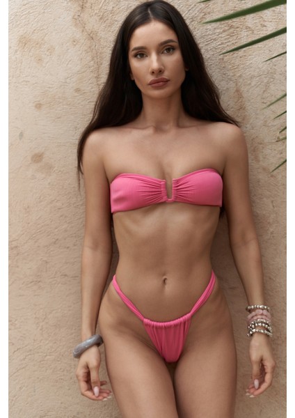 Lahla Büzgü Detaylı Kalın Bant Pembe Bikini Altı