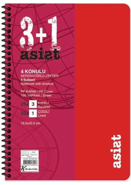 Keskin Defter Asist 16,5X22,5 Ayraçlı 3+1 Pp Kapak 100 Yp. 351563