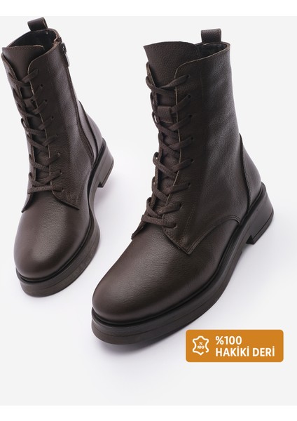 Kadın Hakiki Deri Postal Bot Bağcıklı Fermuarlı Kafle Kahve