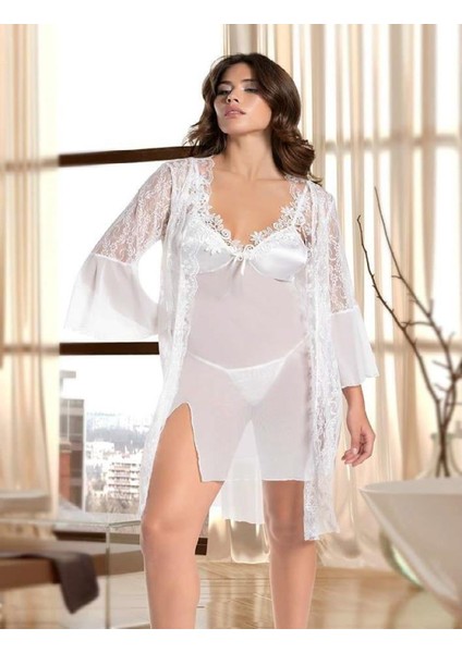 Marsilyan- Beyaz Transparan Dantel Işlemeli Tül Yırtmaçlı 2'li Gecelik Takımı