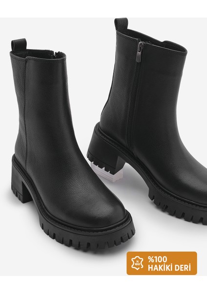 Kadın Hakiki Deri Fermuarlı Kalın Topuklu Tırtıklı Taban Günlük Bot Forlas Siyah
