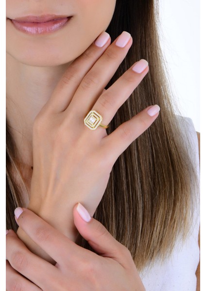 Gümüş Altın Yaldızlı Çift Sıra Zirkon Taşlı Pırlanta Montürlü Baget Yüzük