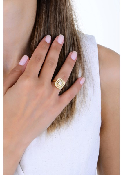 Gümüş Altın Yaldızlı Çift Sıra Zirkon Taşlı Pırlanta Montürlü Baget Yüzük modelleri