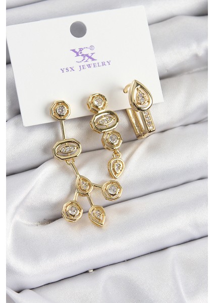 Erb Pirinç Zirkon Taşlı Geometrik Model Gold Renk 3&apos;lü Kadın Küpe