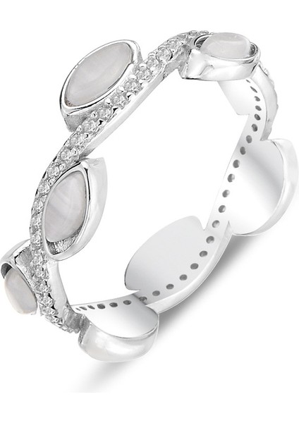 Gümüş Rodyumlu Zirkon Taşlı Sedef Görünümlü Sarmaşık Modeli Tamtur Yüzük