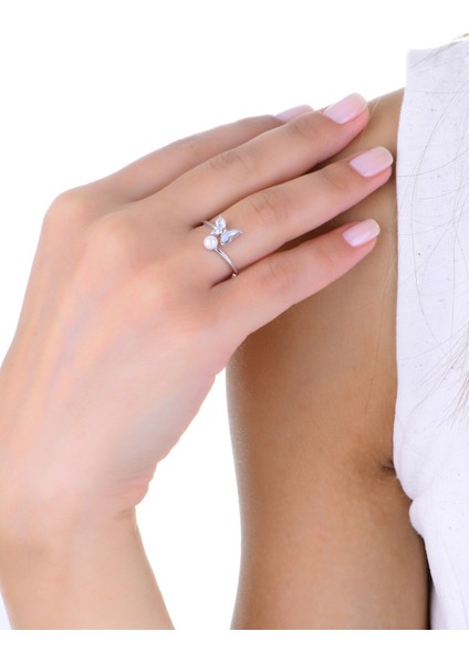 Gümüş Rodyumlu Inci,zirkon ve Sedef Taşlı Ayarlamalı Kelebek Yüzük