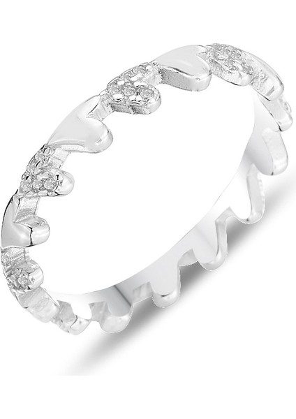 Gümüş Rodyumlu Zirkon Taşlı Işıltılı Kalp Akışı Tamtur Yüzük