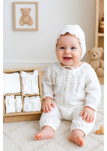 Kız Bebek Yenidoğan Süslü Müslin 10 Lu Lüks Işlemeli Yazlık Müslin Hastane Çıkışı Zıbın Set STL7059