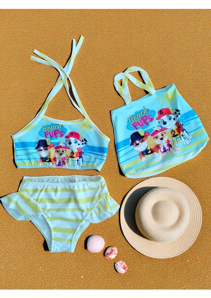 Kız Çocuk Karakter Baskılı Eteği Fırfırlı- Ip Bağlamalı Çanta Mayo Bikini 3 Lü Takım