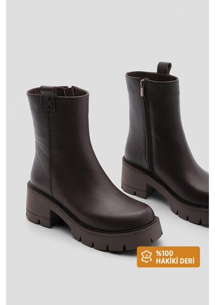 Kadın Hakiki Deri Günlük Bot Kalın Tırtıklı Taban Fesko