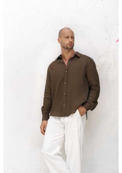 Bice Kahve Keten Oversize Erkek Gömlek modelleri