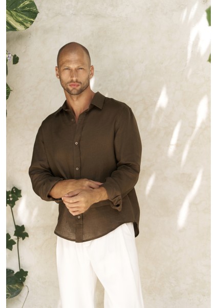 Bice Kahve Keten Oversize Erkek Gömlek