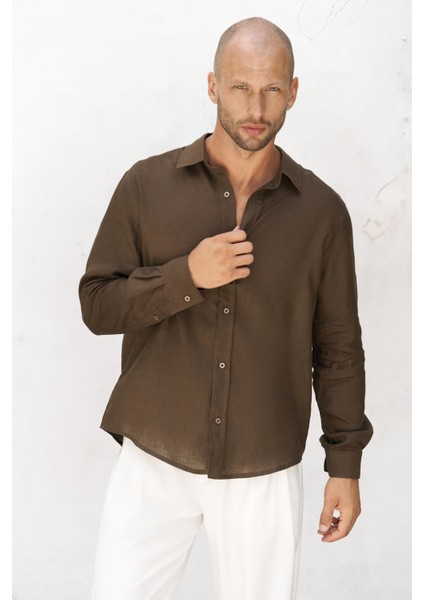 Bice Kahve Keten Oversize Erkek Gömlek