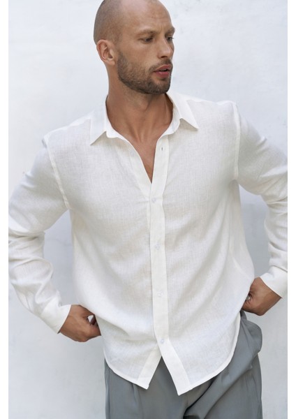 Bice Ekru Keten Oversize Erkek Gömlek