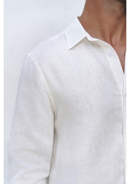 Bice Ekru Keten Oversize Erkek Gömlek