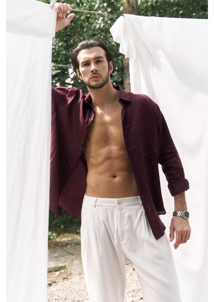 Ombretta Bordo Keten Oversize Erkek Gömlek