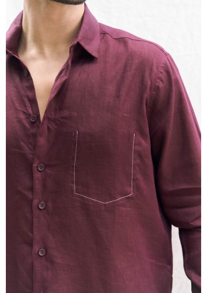 Ombretta Bordo Keten Oversize Erkek Gömlek