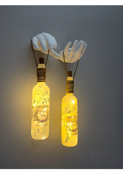 El Yapımı Heykel El Dekorlu LED Işıklı Buzlu Cam Şarap Şişesi Aplik 2'li Set
