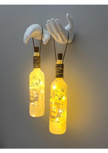 El Yapımı Heykel El Dekorlu LED Işıklı Buzlu Cam Şarap Şişesi Aplik 2'li Set modelleri