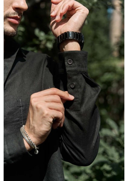 Ombretta Siyah Keten Oversize Erkek Gömlek